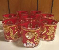 8 Vintage Mid Century Culver Paisley Red & Gold 3.25 10oz Double Old Fashioned