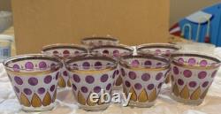 8 Vtg MCM Cera Glass Double Old Fashioned On The Rocks Purple Gold