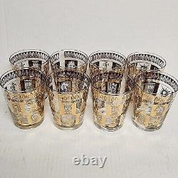 8 Vtg MCM Porter Double Old Fashioned Barware Glasses Chess Pieces 22K Gold