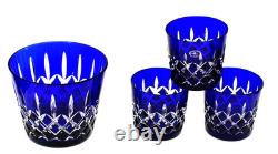 AJKA Arabella Cut To Clear Cobalt Blue Ice Bucket 3 Double Old Fashioned Glasses