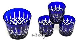 AJKA Arabella Cut To Clear Cobalt Blue Ice Bucket 3 Double Old Fashioned Glasses