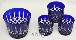 AJKA Arabella Cut To Clear Cobalt Blue Ice Bucket 3 Double Old Fashioned Glasses