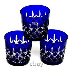 AJKA Arabella Cut To Clear Cobalt Blue Ice Bucket 3 Double Old Fashioned Glasses