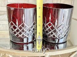 Ajka Arabella (2) Ruby Cut to Clear VTG Double Old Fashioned Glasses