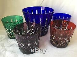 Ajka Hungary Crystal Ice Bucket, 4 Double Old Fashioned Glasses, Jewel Colors