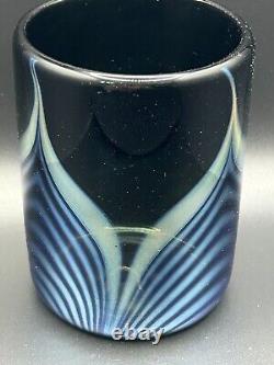 Art Glass STEVEN CORREIA BLACK IRIDESCENT PULLED FEATHER OLD FASHIONED GLASS