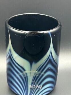 Art Glass STEVEN CORREIA BLACK IRIDESCENT PULLED FEATHER OLD FASHIONED GLASS