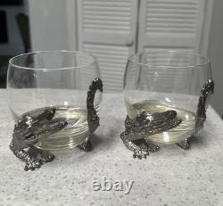 Arthur Court Vintage Safari Double Old Fashioned Alligator Glasses with Feet X2