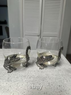Arthur Court Vintage Safari Double Old Fashioned Alligator Glasses with Feet X2