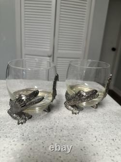 Arthur Court Vintage Safari Double Old Fashioned Alligator Glasses with Feet X2