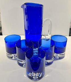 BLOCK Stockholm Cobalt Blue Pitcher & 5 Double Old Fashioned GlassesBubble Base