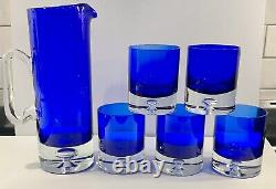 BLOCK Stockholm Cobalt Blue Pitcher & 5 Double Old Fashioned GlassesBubble Base