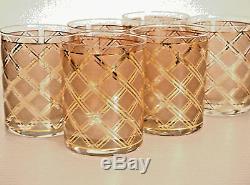 Barware Set of 6 Culver Double Old Fashioned Glasses/ Diamond Pattern & 22K Gold