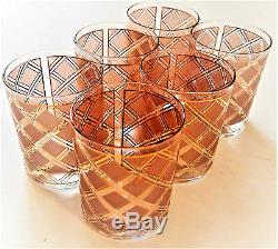 Barware Set of 6 Culver Double Old Fashioned Glasses/ Diamond Pattern & 22K Gold
