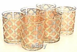 Barware Set of 6 Culver Double Old Fashioned Glasses/ Diamond Pattern & 22K Gold