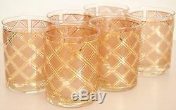 Barware Set of 6 Culver Double Old Fashioned Glasses/ Diamond Pattern & 22K Gold