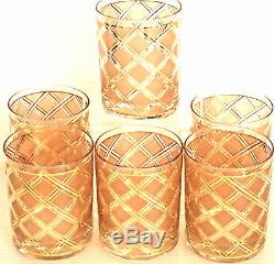 Barware Set of 6 Culver Double Old Fashioned Glasses/ Diamond Pattern & 22K Gold