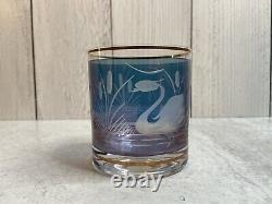 Blue Tinted Engraved Double Old Fashioned Whiskey Glasses with Gold Rimming (6)