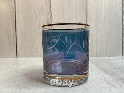 Blue Tinted Engraved Double Old Fashioned Whiskey Glasses with Gold Rimming (6)