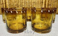 Bobby Flay BFZ1 Amber Floral Double Old-Fashioned Etched Glasses Set of 5 EUC