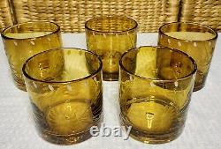 Bobby Flay BFZ1 Amber Floral Double Old-Fashioned Etched Glasses Set of 5 EUC