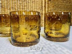 Bobby Flay BFZ1 Amber Floral Double Old-Fashioned Etched Glasses Set of 5 EUC