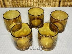 Bobby Flay BFZ1 Amber Floral Double Old-Fashioned Etched Glasses Set of 5 EUC