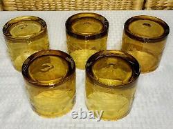 Bobby Flay BFZ1 Amber Floral Double Old-Fashioned Etched Glasses Set of 5 EUC
