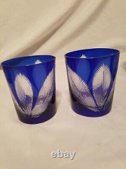 Bohemia Cased Cobalt Blue Cut to Clear Double Old Fashioned Glasses (6) MCM era