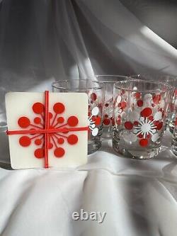 Crate & Barrel Atomic Red & White Snowflake Double Old Fashioned Glasses Set 8