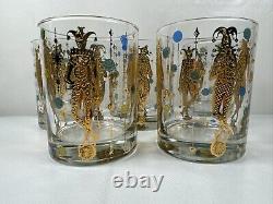 Culver Mardi Gras Double Old Fashioned Glasses Set of 5 Jewel Jester 22K Gold US