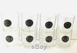 Double Old-Fashioned Glasses with Pewter Heraldic Crest, Set Of Eight