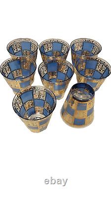 Eight (8) MCM CULVER Double Old Fashioned Glasses-PRADO BLUE-22K Gold-RARE
