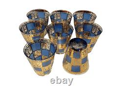Eight (8) MCM CULVER Double Old Fashioned Glasses-PRADO BLUE-22K Gold-RARE