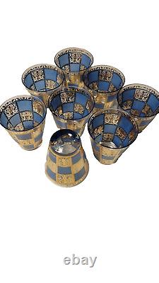 Eight (8) MCM CULVER Double Old Fashioned Glasses-PRADO BLUE-22K Gold-RARE