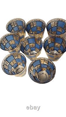 Eight (8) MCM CULVER Double Old Fashioned Glasses-PRADO BLUE-22K Gold-RARE