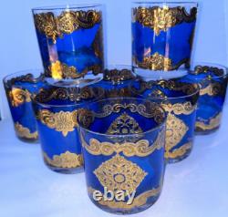 GEORGES BRIARD SET 8 X 3 3/8 TALL BLUE & GOLD DOUBLE OLD-FASHIONED GLASSES mcm