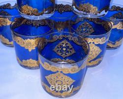 GEORGES BRIARD SET 8 X 3 3/8 TALL BLUE & GOLD DOUBLE OLD-FASHIONED GLASSES mcm