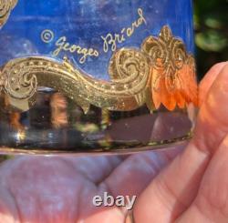 GEORGES BRIARD SET 8 X 3 3/8 TALL BLUE & GOLD DOUBLE OLD-FASHIONED GLASSES mcm