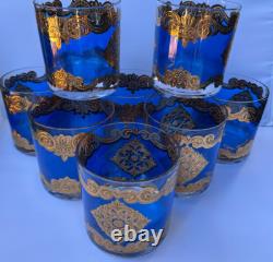 GEORGES BRIARD SET 8 X 3 3/8 TALL BLUE & GOLD DOUBLE OLD-FASHIONED GLASSES mcm