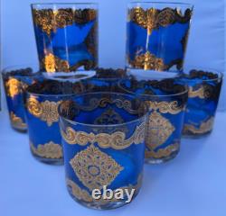 GEORGES BRIARD SET 8 X 3 3/8 TALL BLUE & GOLD DOUBLE OLD-FASHIONED GLASSES mcm