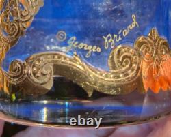GEORGES BRIARD SET 8 X 3 3/8 TALL BLUE & GOLD DOUBLE OLD-FASHIONED GLASSES mcm