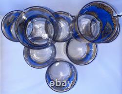 GEORGES BRIARD SET 8 X 3 3/8 TALL BLUE & GOLD DOUBLE OLD-FASHIONED GLASSES mcm