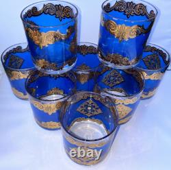 GEORGES BRIARD SET 8 X 3 3/8 TALL BLUE & GOLD DOUBLE OLD-FASHIONED GLASSES mcm