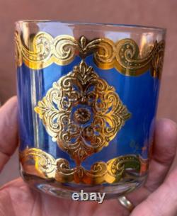 GEORGES BRIARD SET 8 X 3 3/8 TALL BLUE & GOLD DOUBLE OLD-FASHIONED GLASSES mcm