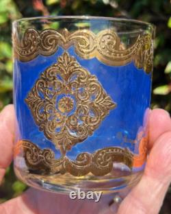 GEORGES BRIARD SET 8 X 3 3/8 TALL BLUE & GOLD DOUBLE OLD-FASHIONED GLASSES mcm