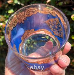 GEORGES BRIARD SET 8 X 3 3/8 TALL BLUE & GOLD DOUBLE OLD-FASHIONED GLASSES mcm