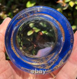 GEORGES BRIARD SET 8 X 3 3/8 TALL BLUE & GOLD DOUBLE OLD-FASHIONED GLASSES mcm