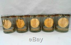Georges Briard 5 Double Old Fashioned Glasses Gold Icicle withGreek Gold Coin w1s5