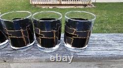 Georges Briard Double Old Fashioned Rocks Glasses MCM Rare Black Gold Brutalist